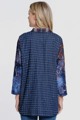 Mixed Media Button Front Tunic - Petite - Blue Indigo Multi