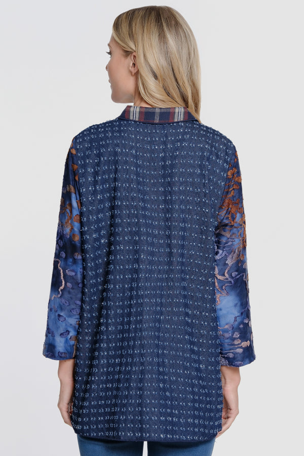 Mixed Media Button Front Tunic - Blue Indigo Multi