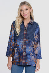 Mixed Media Button Front Tunic - Petite - Blue Indigo Multi