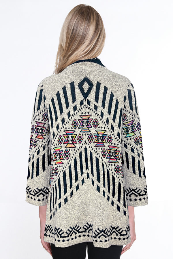 3/4 Sleeve Jacquard Sweater Knit Cardigan - Plus - Heathered Oatmeal