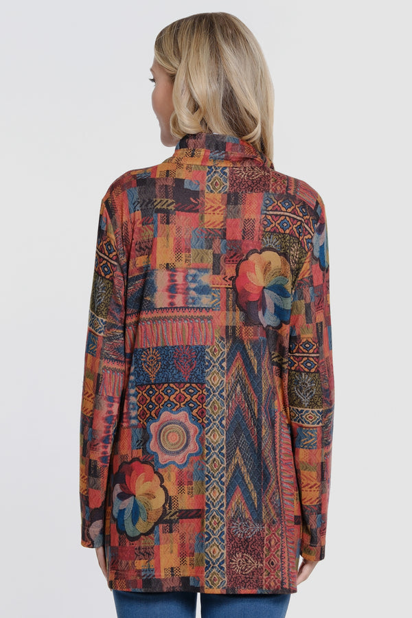 Printed Brushed Knit Button Front - Plus - Patchwork Print