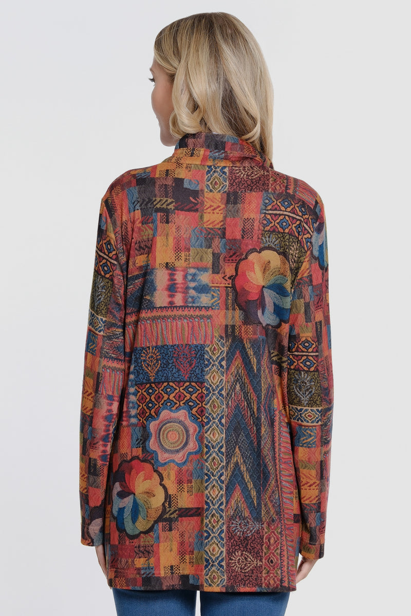 Printed Brushed Knit Button Front - Patchwork Print