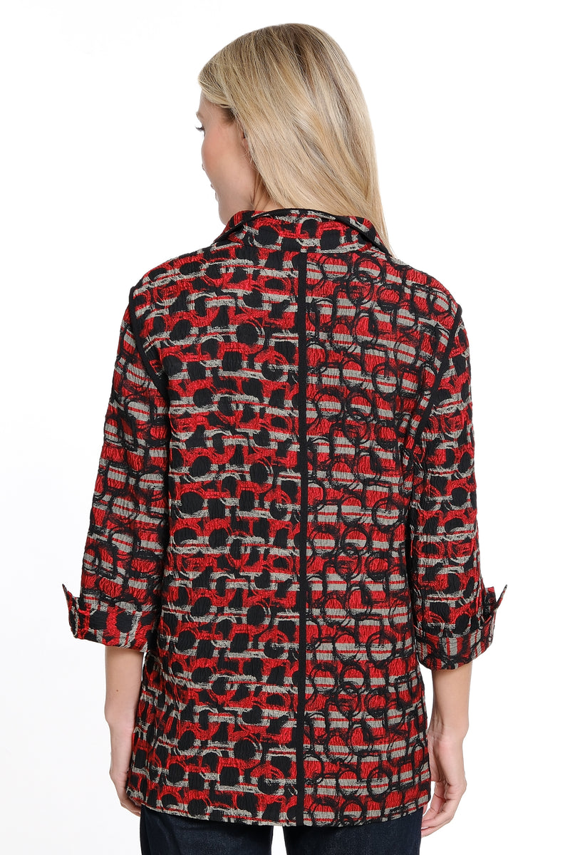 Woven Jacquard Button Front Jacket - Black/Red Print