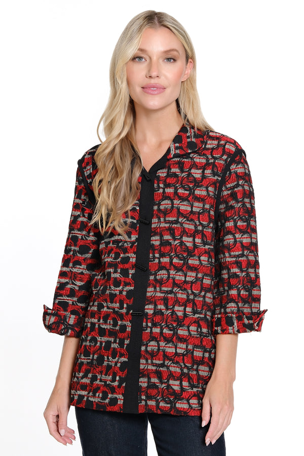 Woven Jacquard Button Front Jacket - Petite - Black/Red Print