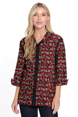 Woven Jacquard Button Front Jacket - Women's - Black/Red Print