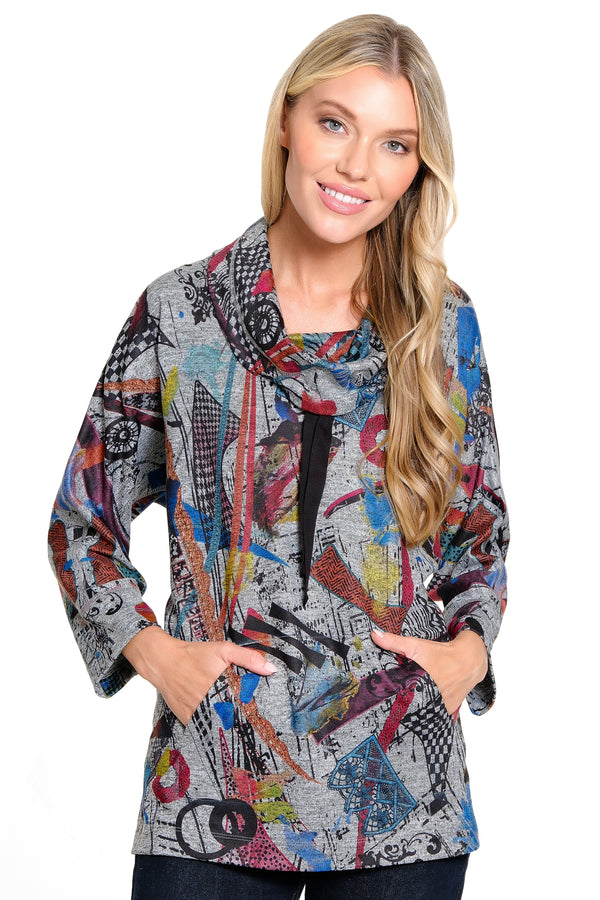 Printed Knit Tunic with Drawcord - Petite - Grey Multi