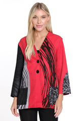 Knit Faux Suede Button Front Jacket - Red Print