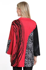 Knit Faux Suede Button Front Jacket - Red Print