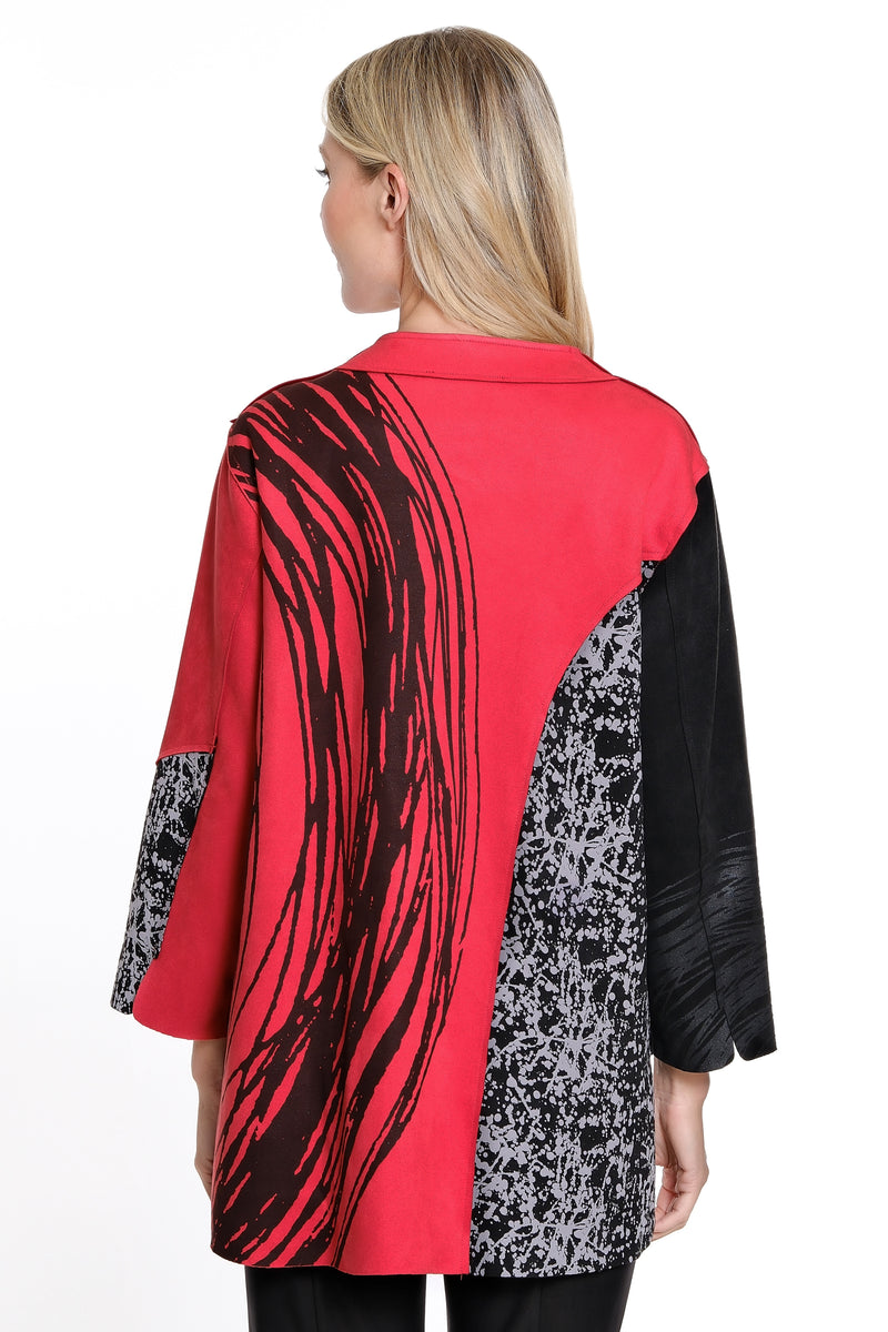 Knit Faux Suede Button Front Jacket - Red Print