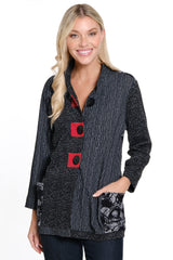 Woven Jacquard Button Front Jacket - Petite - Charcoal Black