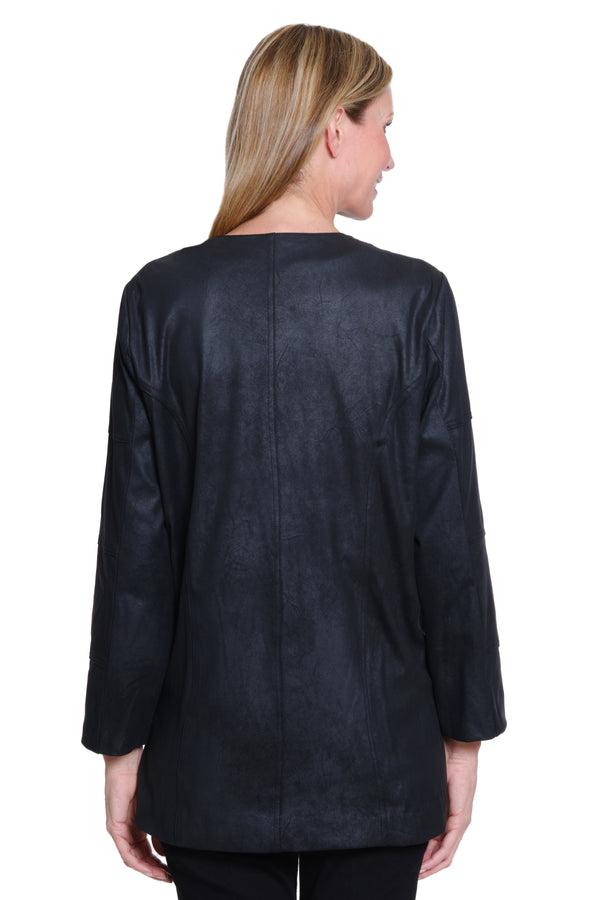 Faux Suede Hook/Eye Closure Jacket - Black