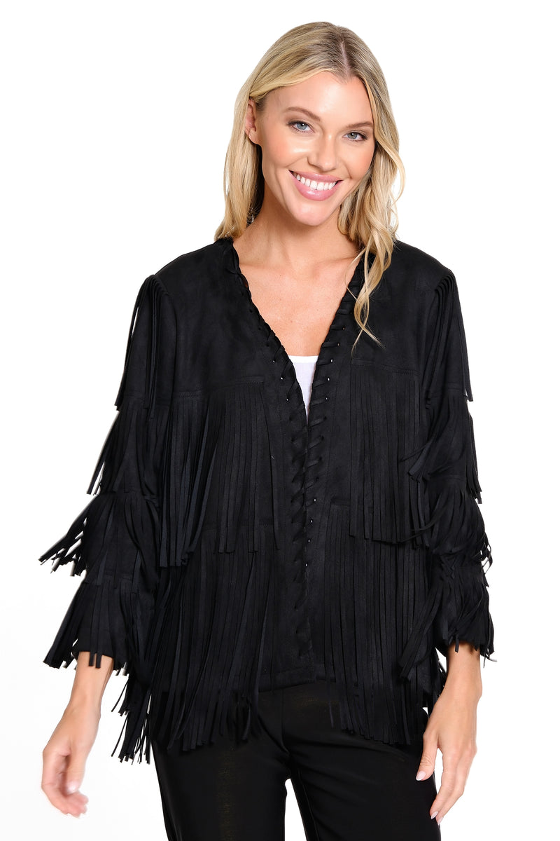 Faux Suede Fringe Jacket - Petite - Black