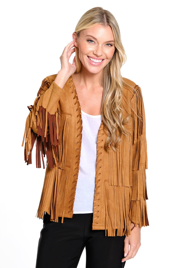 Faux Suede Fringe Jacket - Tobacco