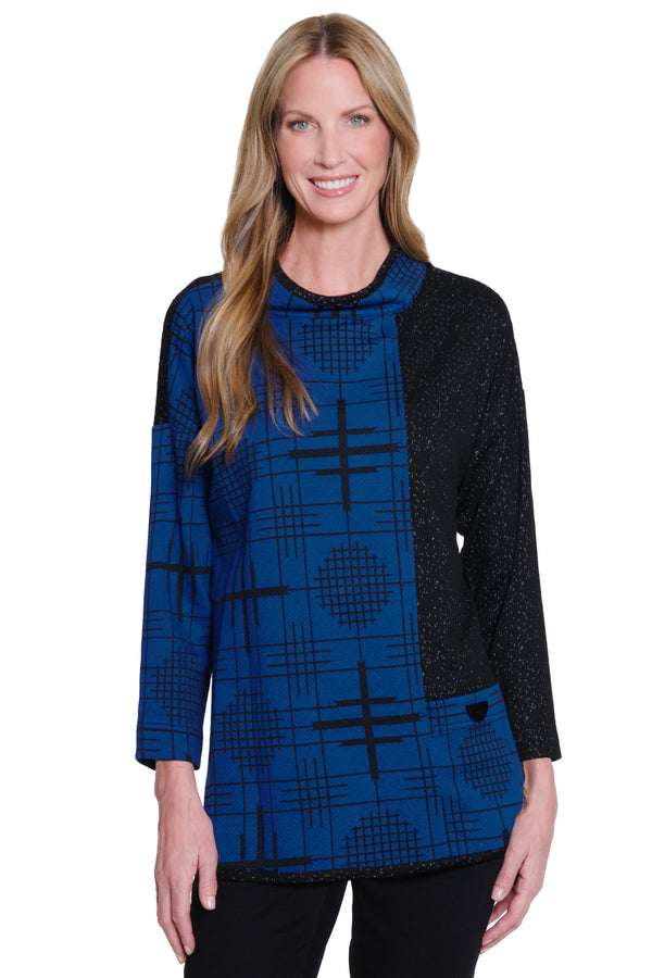 Mock Neck Jacquard Tunic - Blue Plaid