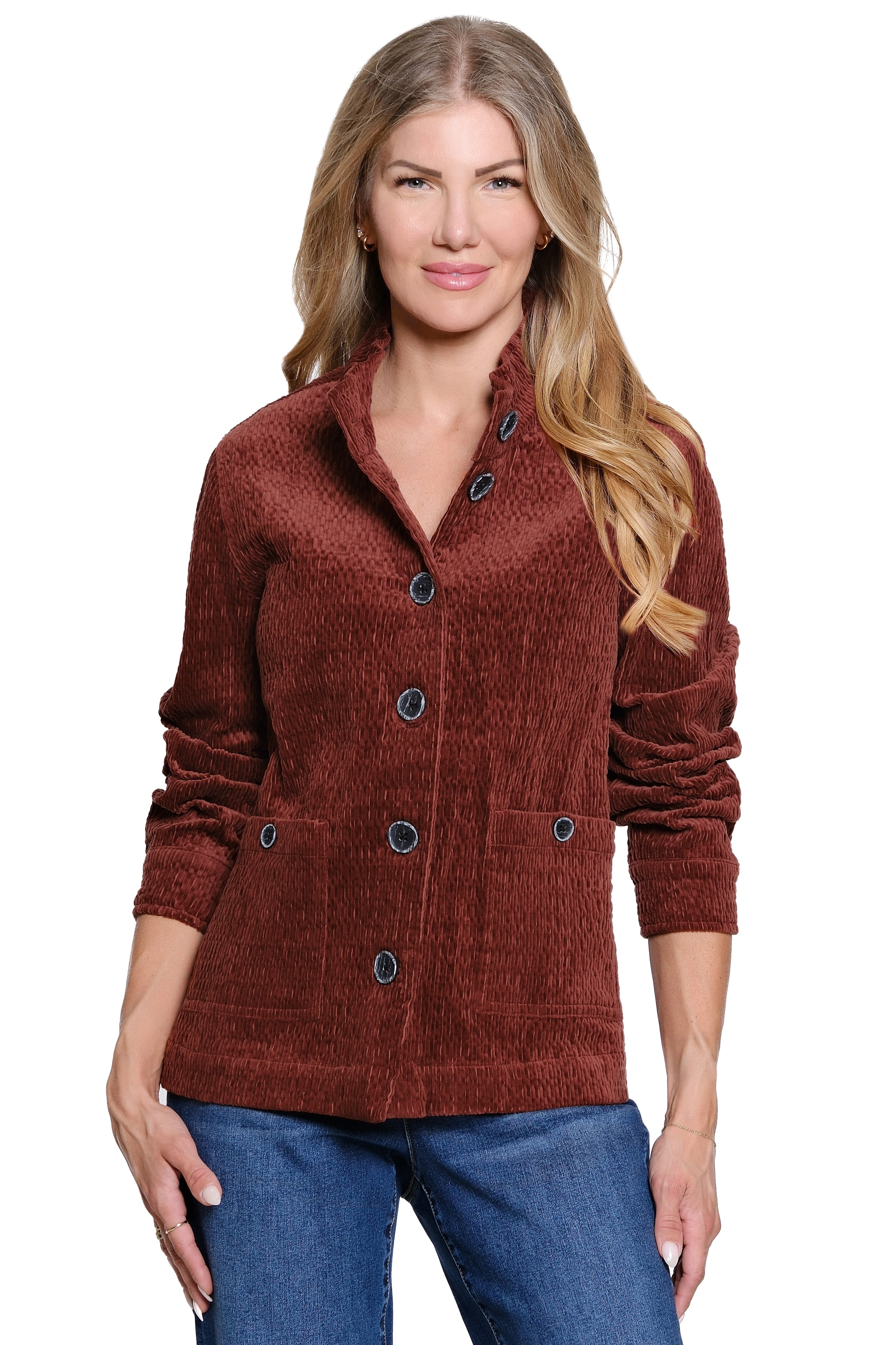Textured Button Front Jacket - Brick