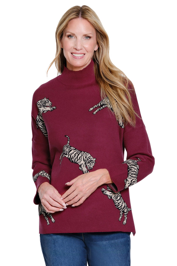Animal Print Knit Sweater - Cranberry