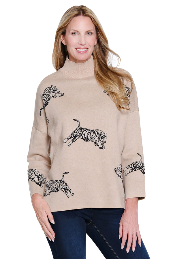 Animal Print Knit Sweater - Plus - Heather Oatmeal