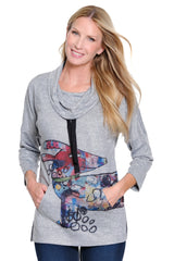 Knit Cowl Neck Top - Petite - Gray Animal Print