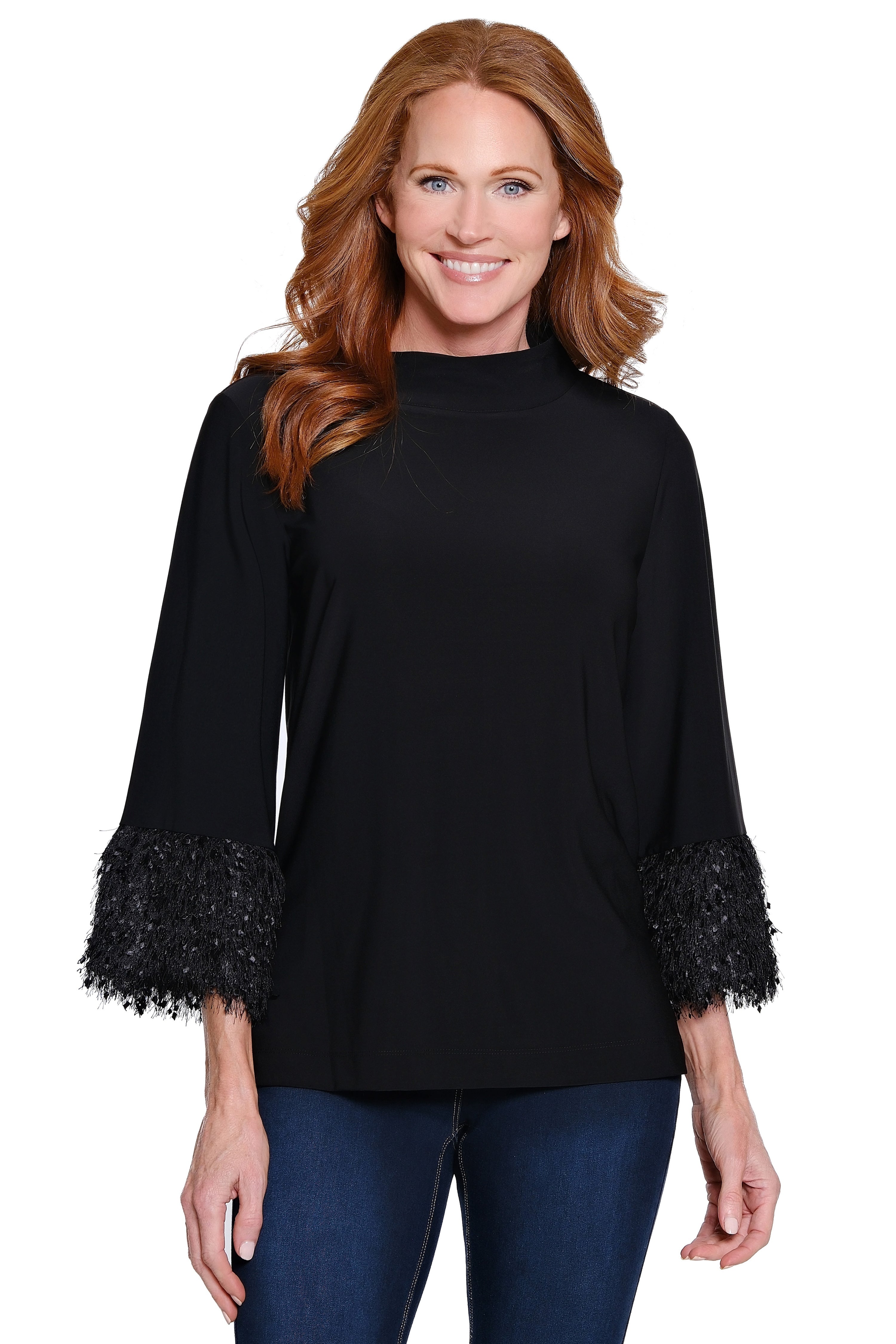 Knit Fringe Cuff Tunic - Black