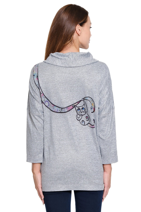 Knit Cowl Neck Top - Petite - Gray Animal Print