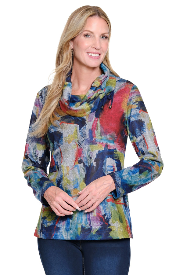 Brushed Knit Cowl Neck Top - Multi