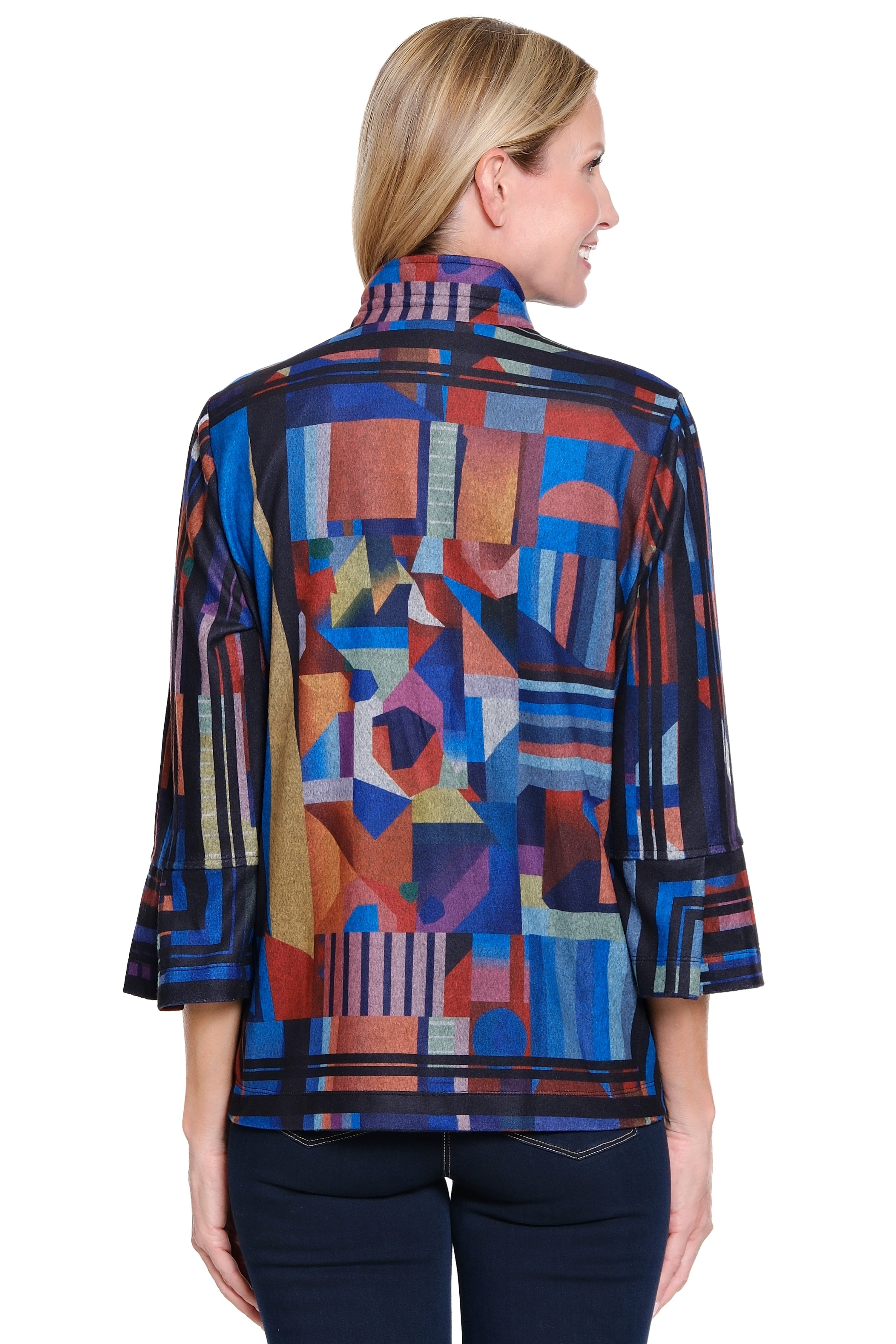 Brushed Knit Jacket - Petite - Blue Abstract Print