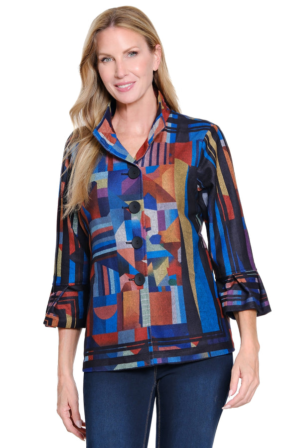Brushed Knit Jacket - Blue Abstract Print