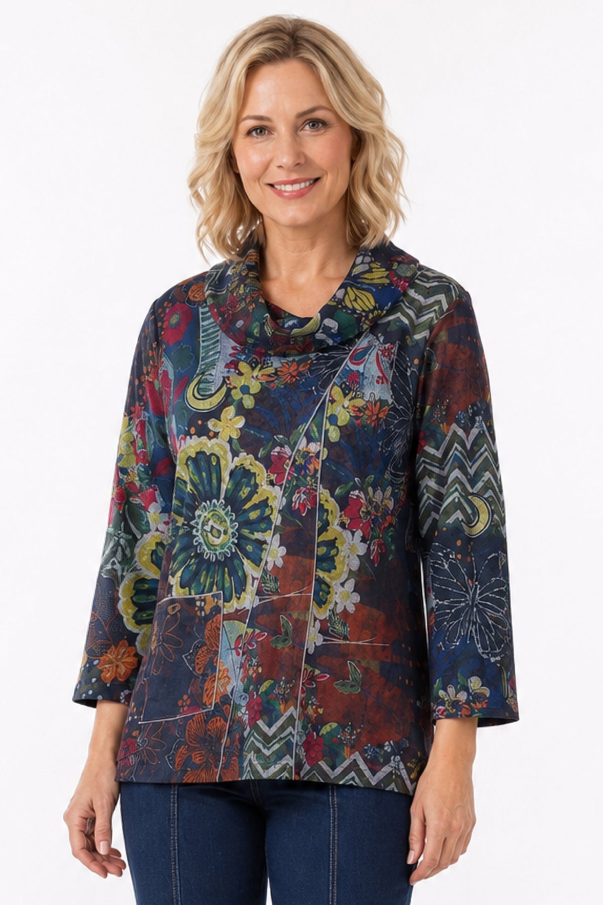 Floral Multi Brushed Cowl Neck Popover - Missy