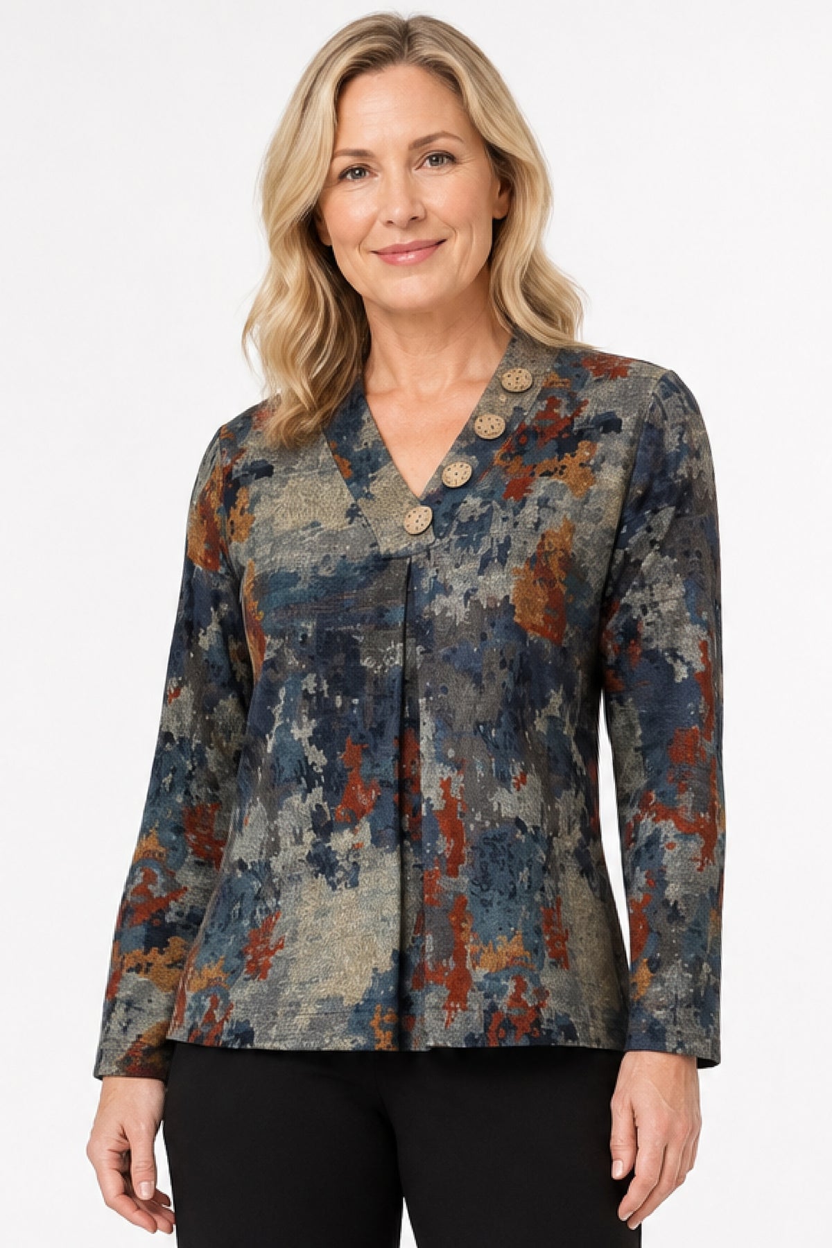 Abstract Multi V-Neck Button Detail Popover - Missy