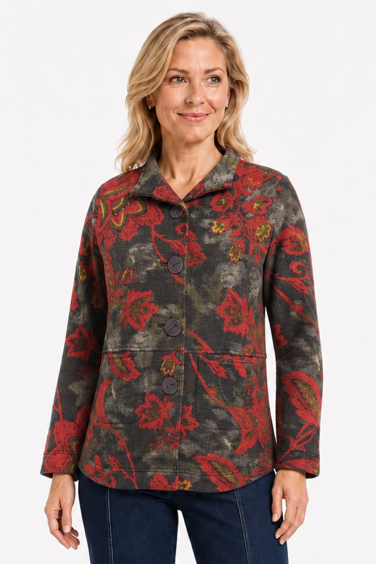 Leaf Multi Printed Button Front Jacket - Plus
