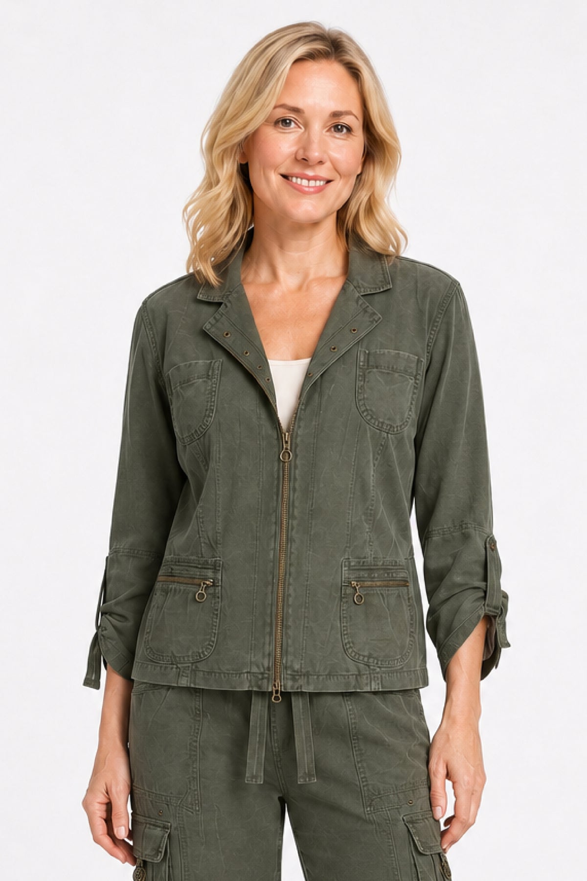 Olive Corduroy Zip Front Jacket - Missy