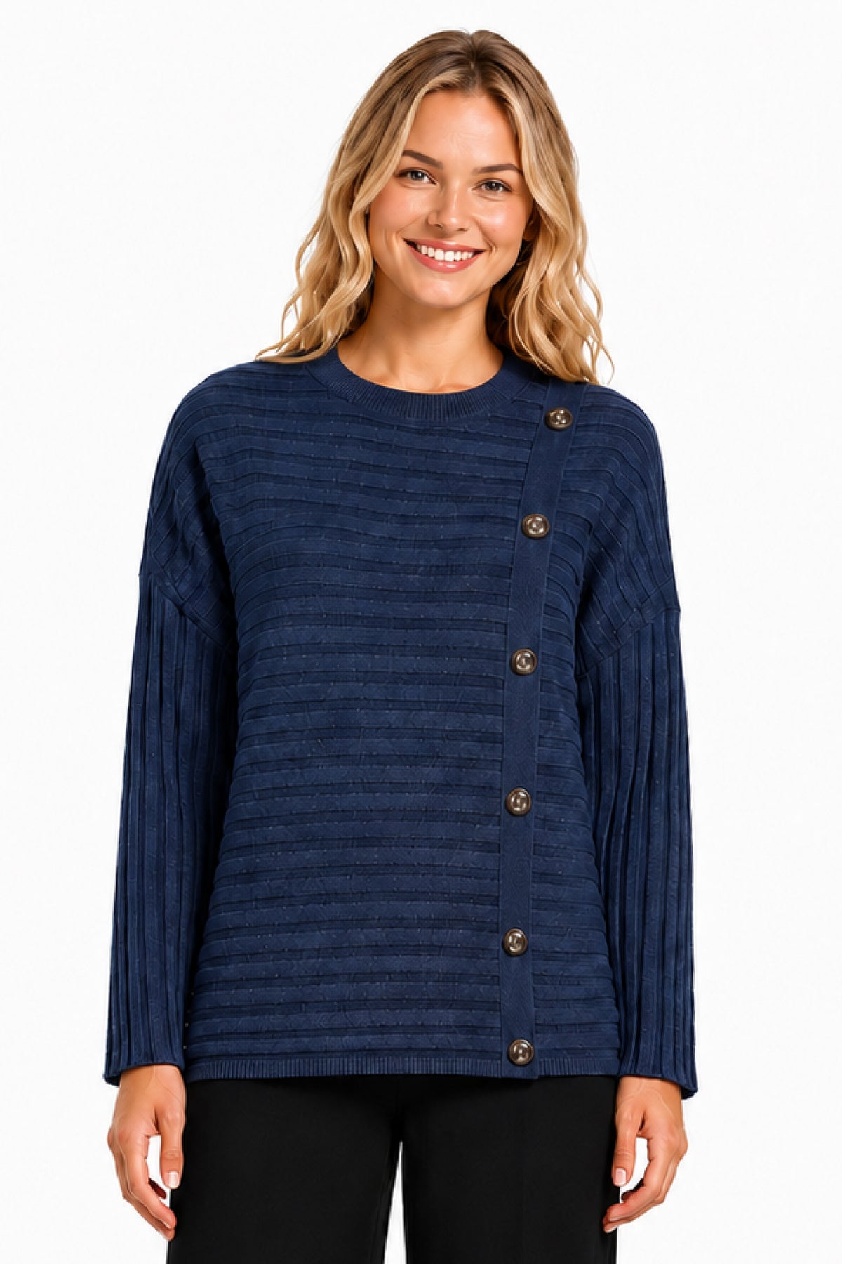 Navy Ribbed Button Detail Popover - Missy