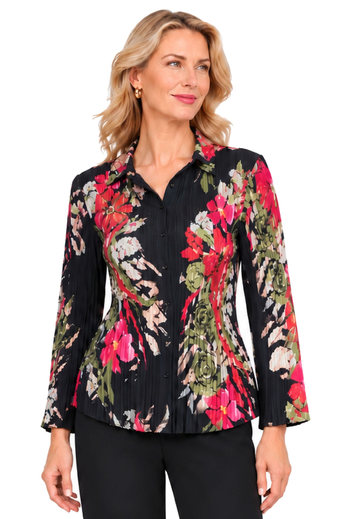 Floral Multi Pleated Button Front Blouse