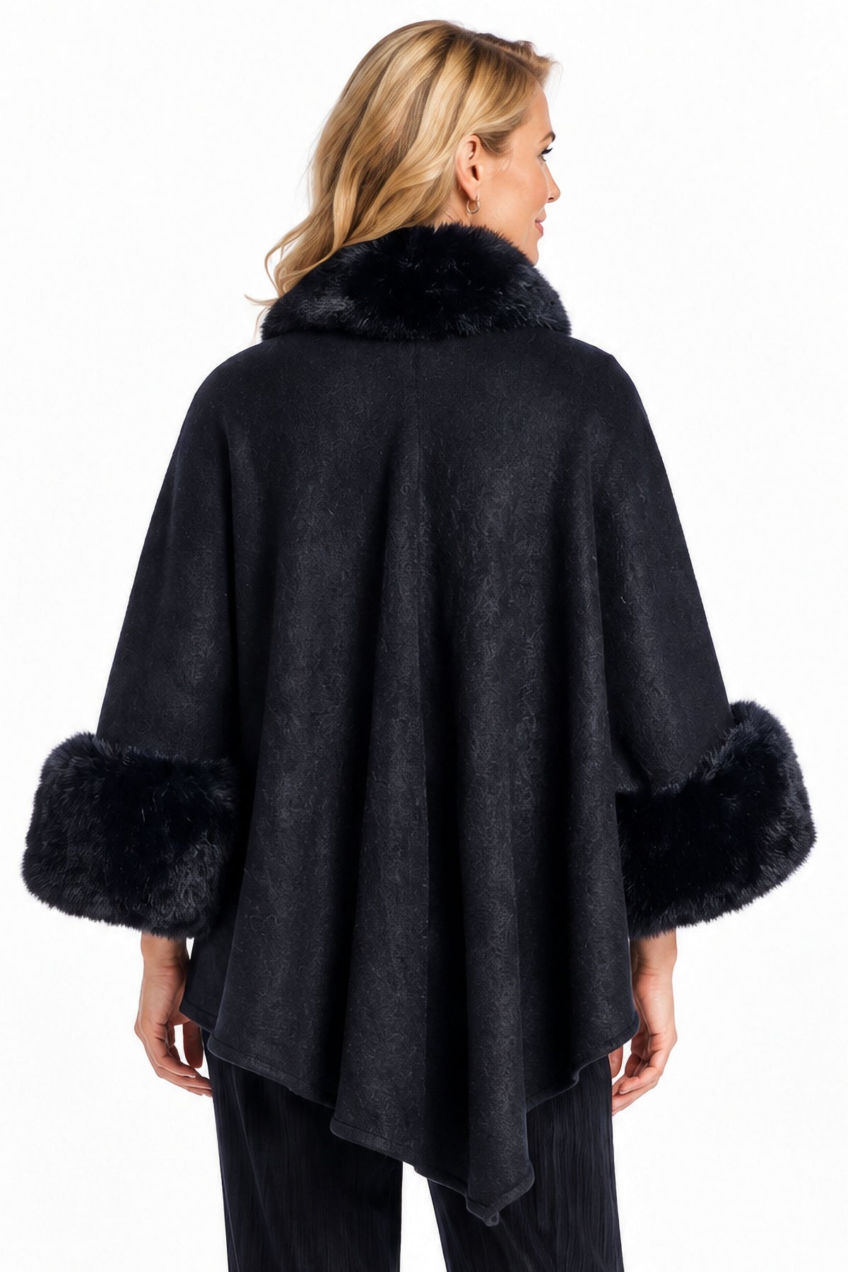 Black Plush Trim Cuffed Open Front Jacket