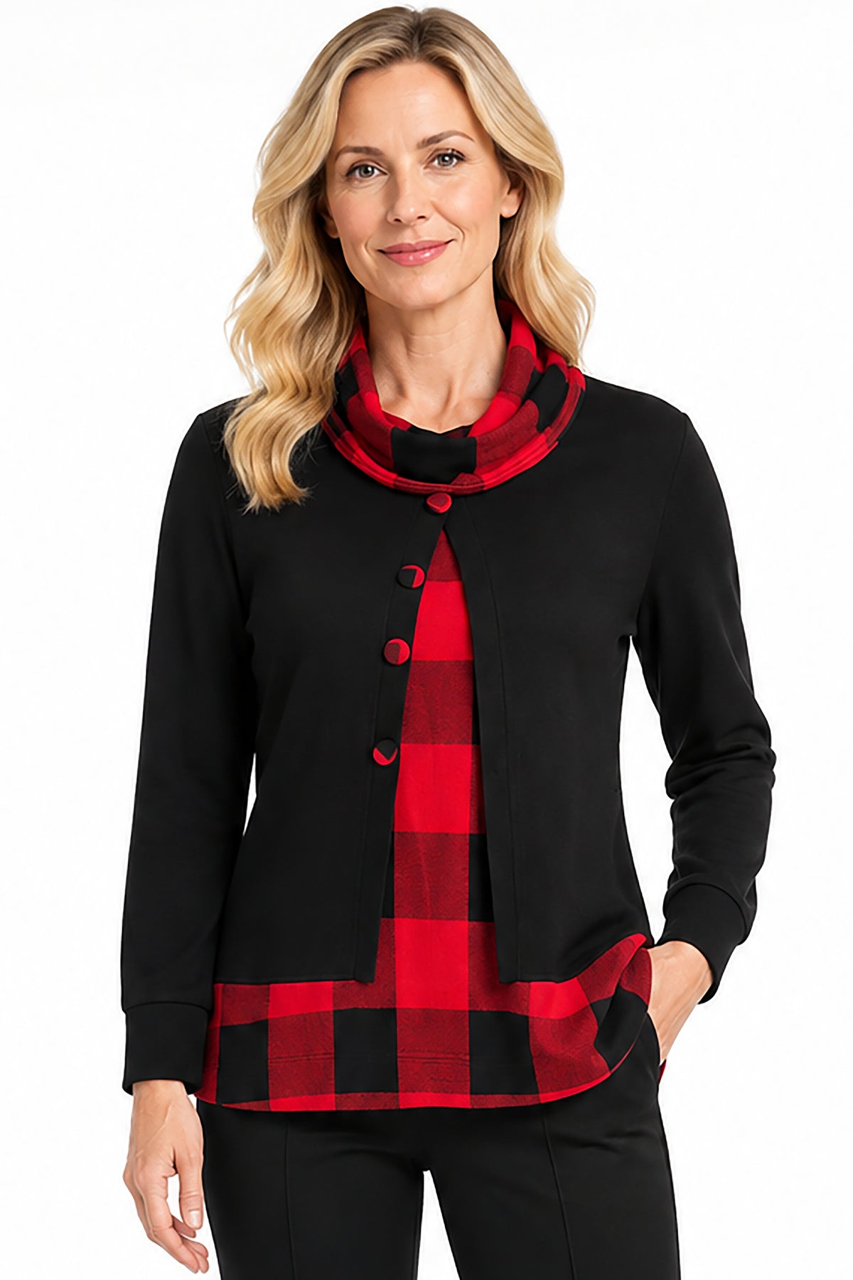 Black/Red Print Buffalo Plaid Inset Cowl Neck Top