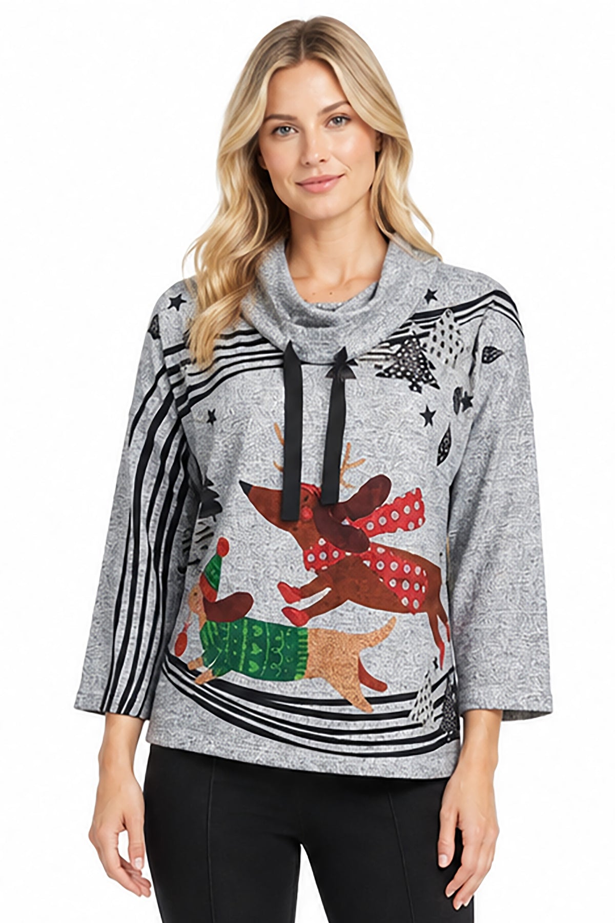 Grey Animal Brushed Drawstring Cowl Neck Top