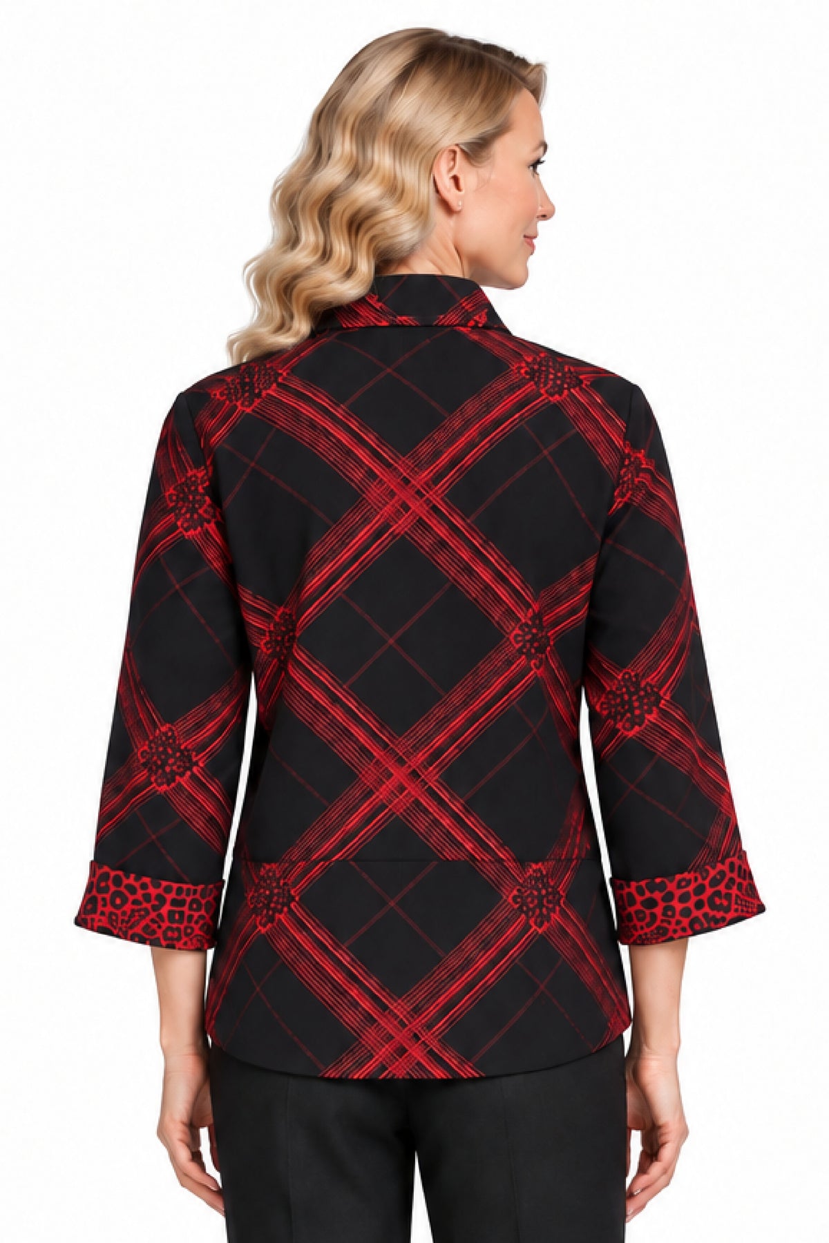 Black/Red Print Jacquard Button Front Top, back view