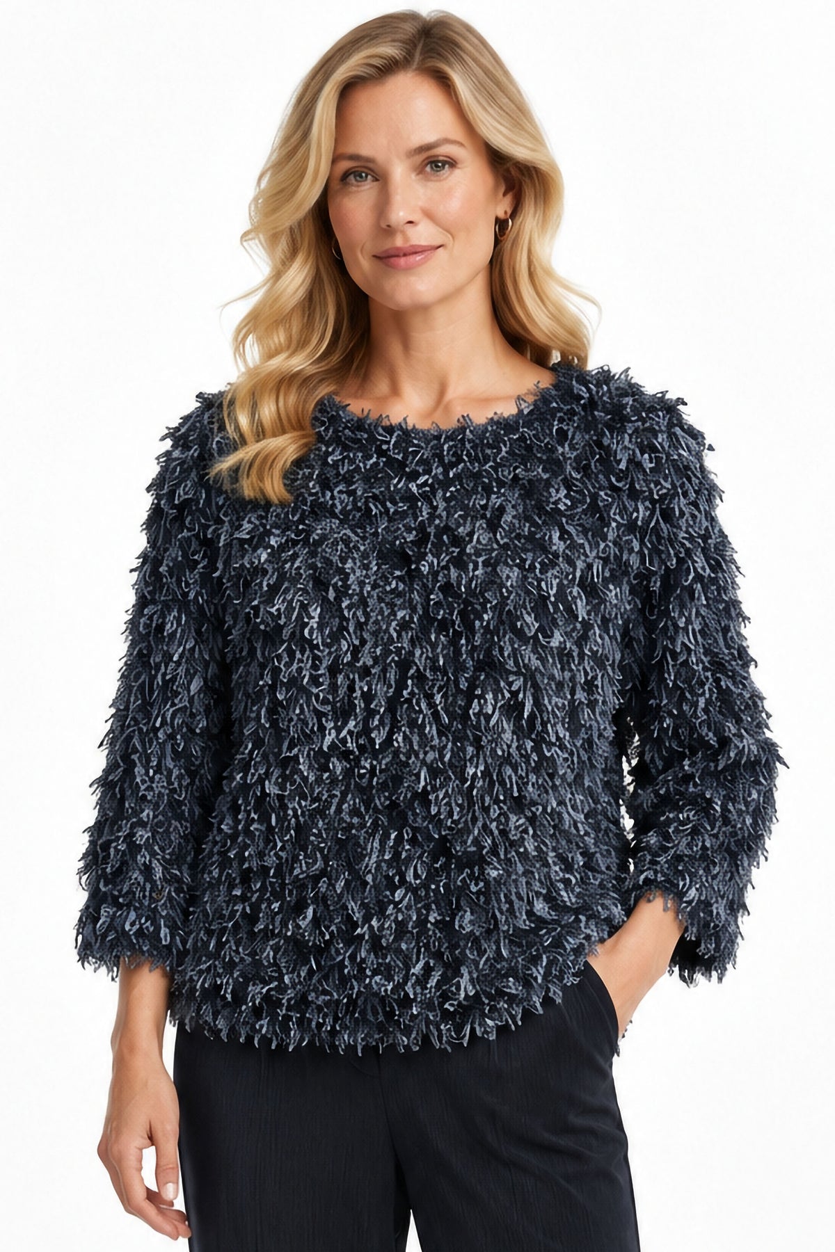 Black Shaggy Knit Pullover Top