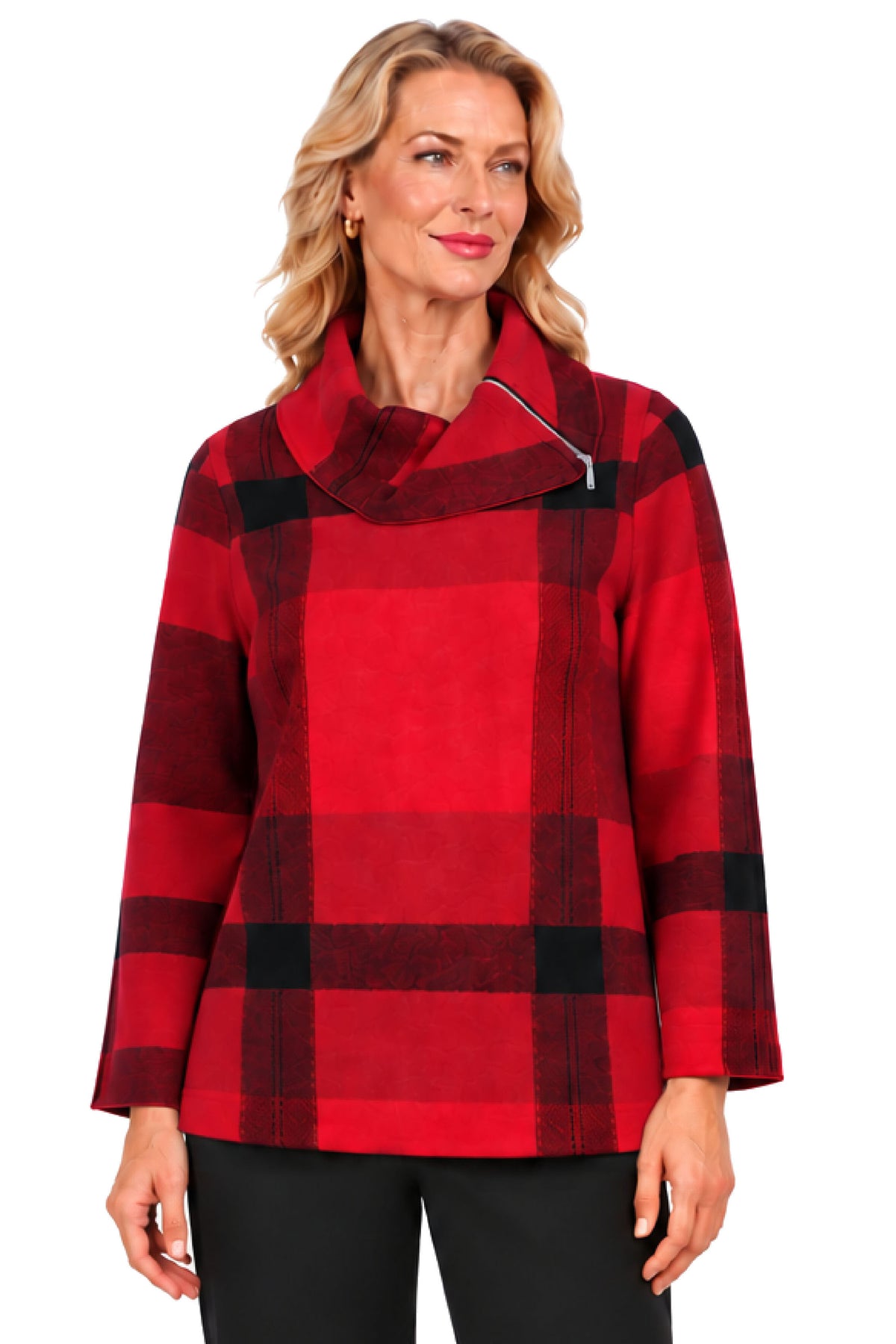 Red Plaid Zip Cowl Neck Sweater Tunic