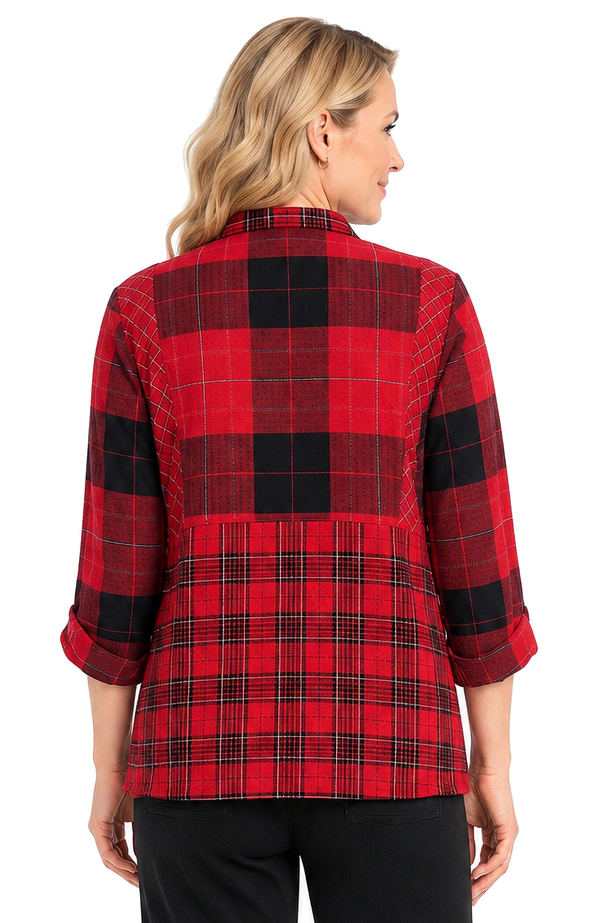 Red Plaid Mixed Woven Button Front Blouse, back view