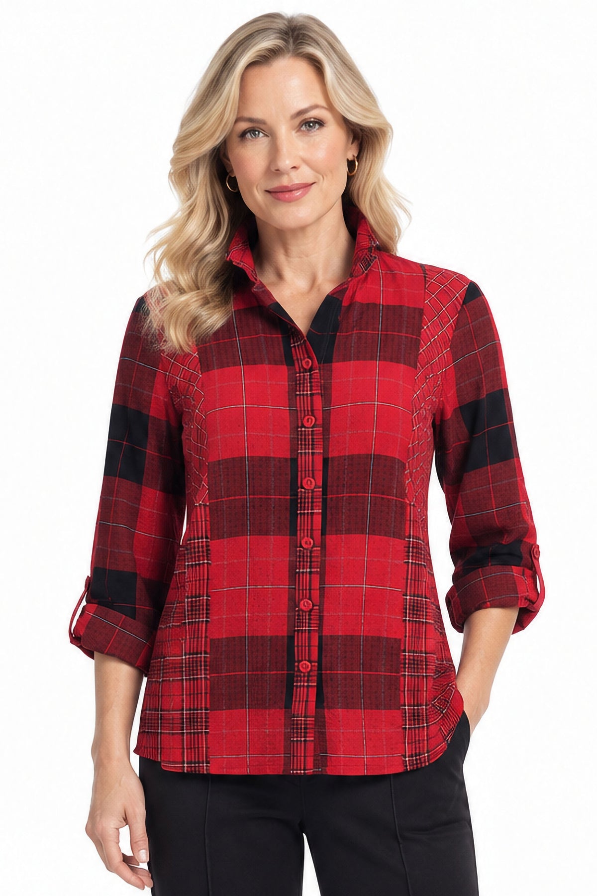 Red Plaid Mixed Woven Button Front Blouse