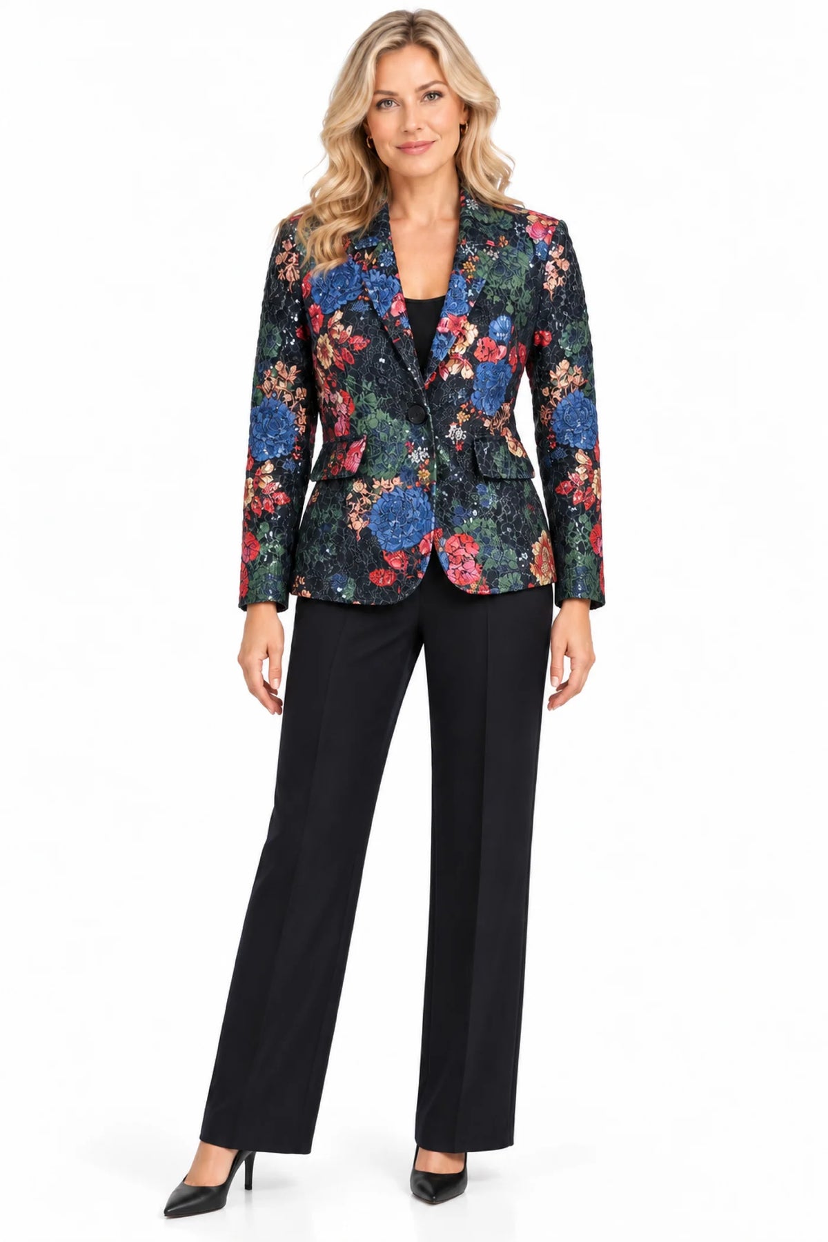 Floral Sequin Lace Jacket & Black Pull-On Pant Outfit
