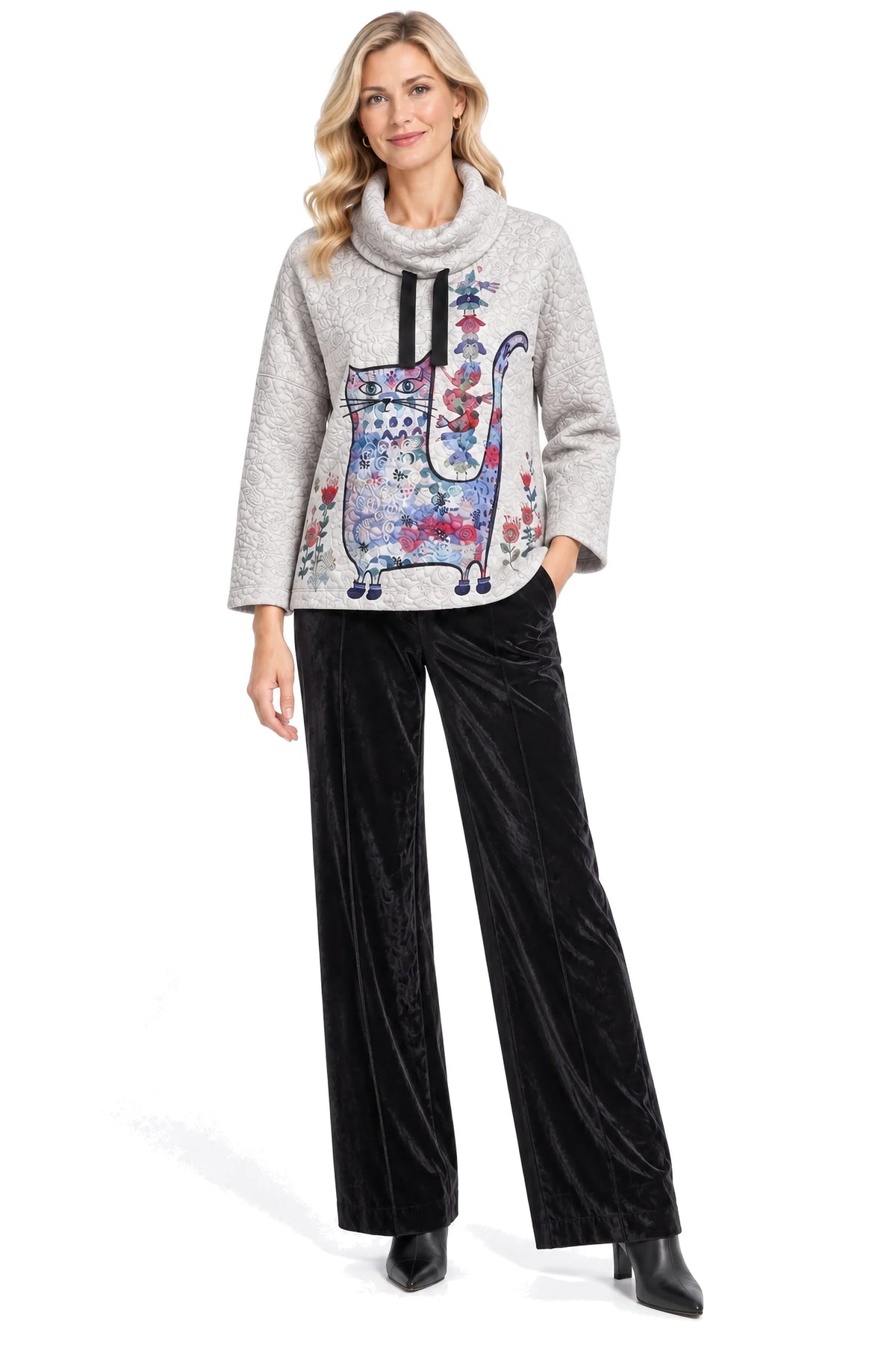 Cream Quilted Cowl Neck Top & Black Velvet Flare Pant Outfit