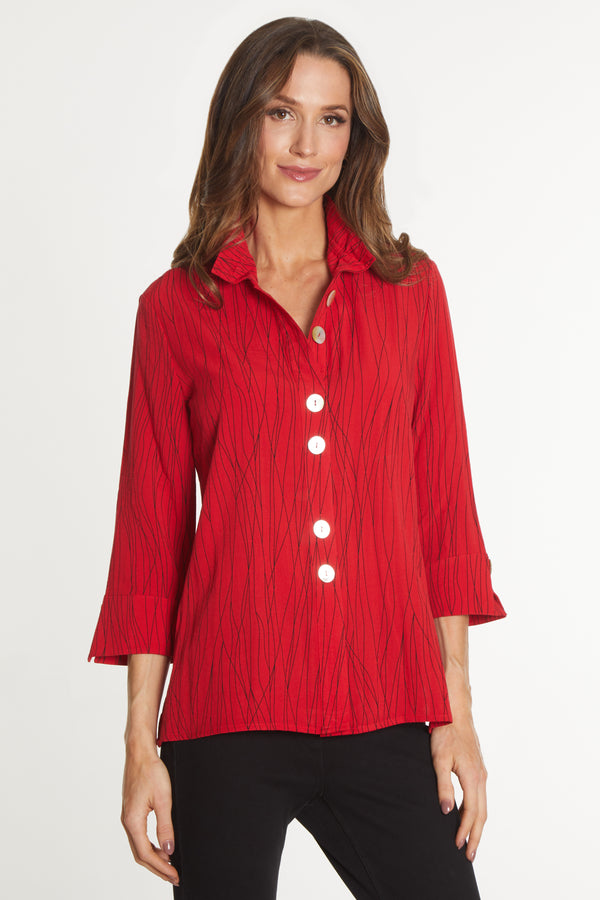 Printed Woven Crinkle Button Front Tunic - Red