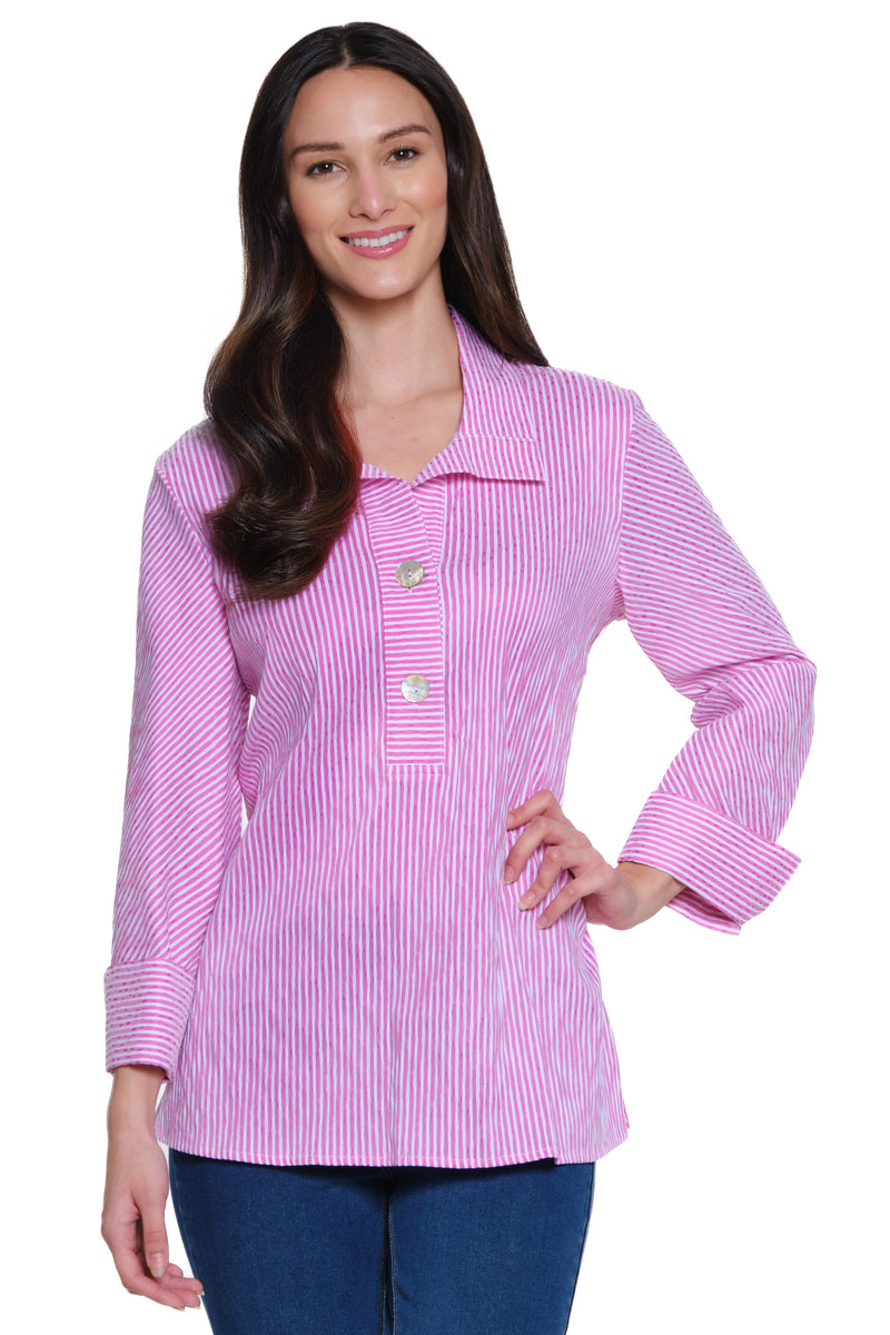 Crinkle Striped Pop over Tunic - Bright Pink