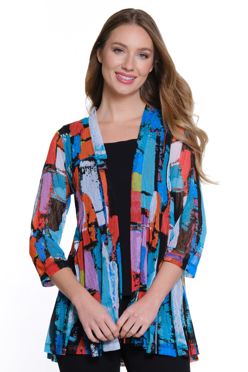 Printed Mesh Open Front Kimono - Petite - Abstract Multi