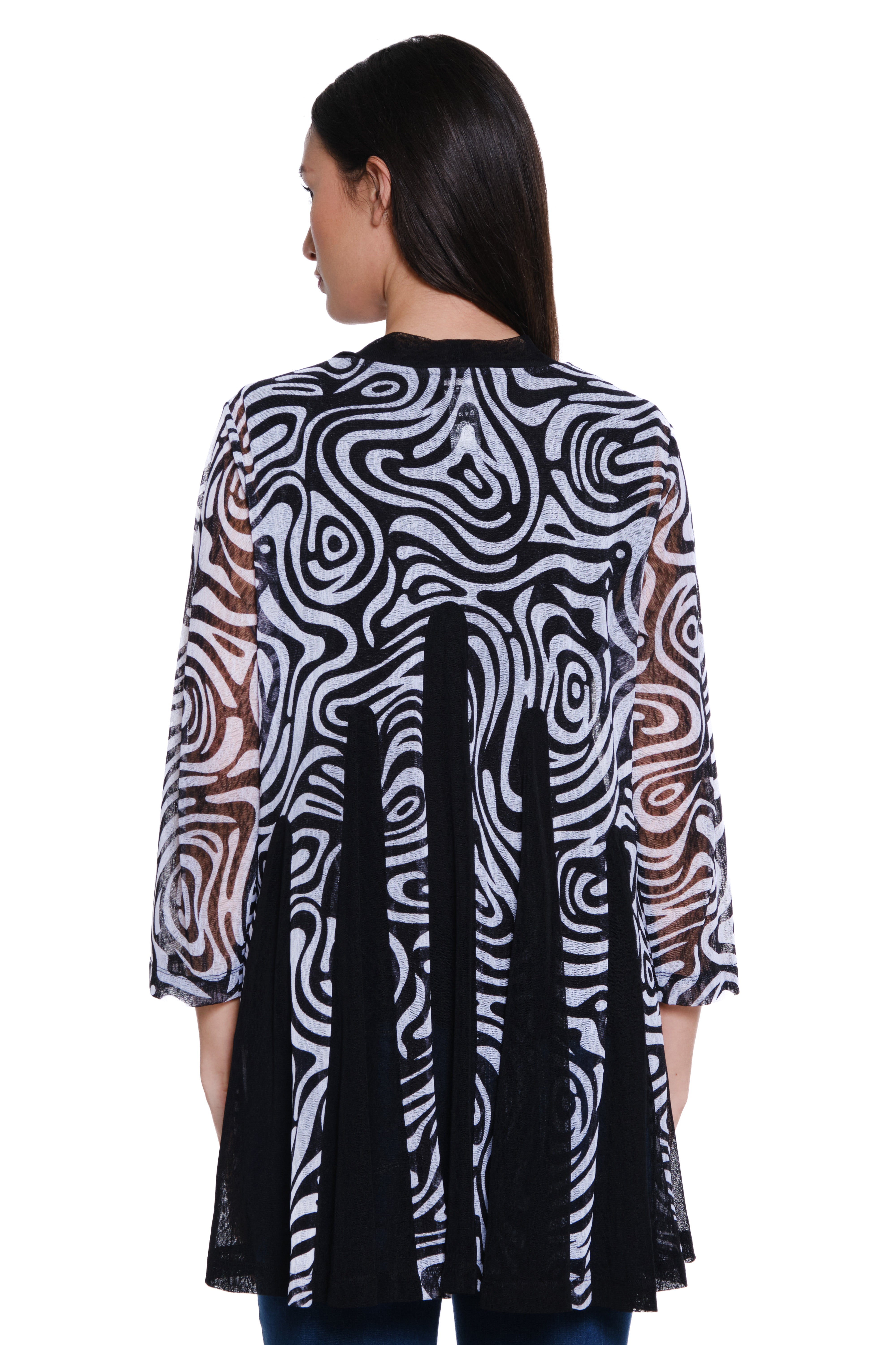 Printed Mesh Open Front Kimono - Black/White Print