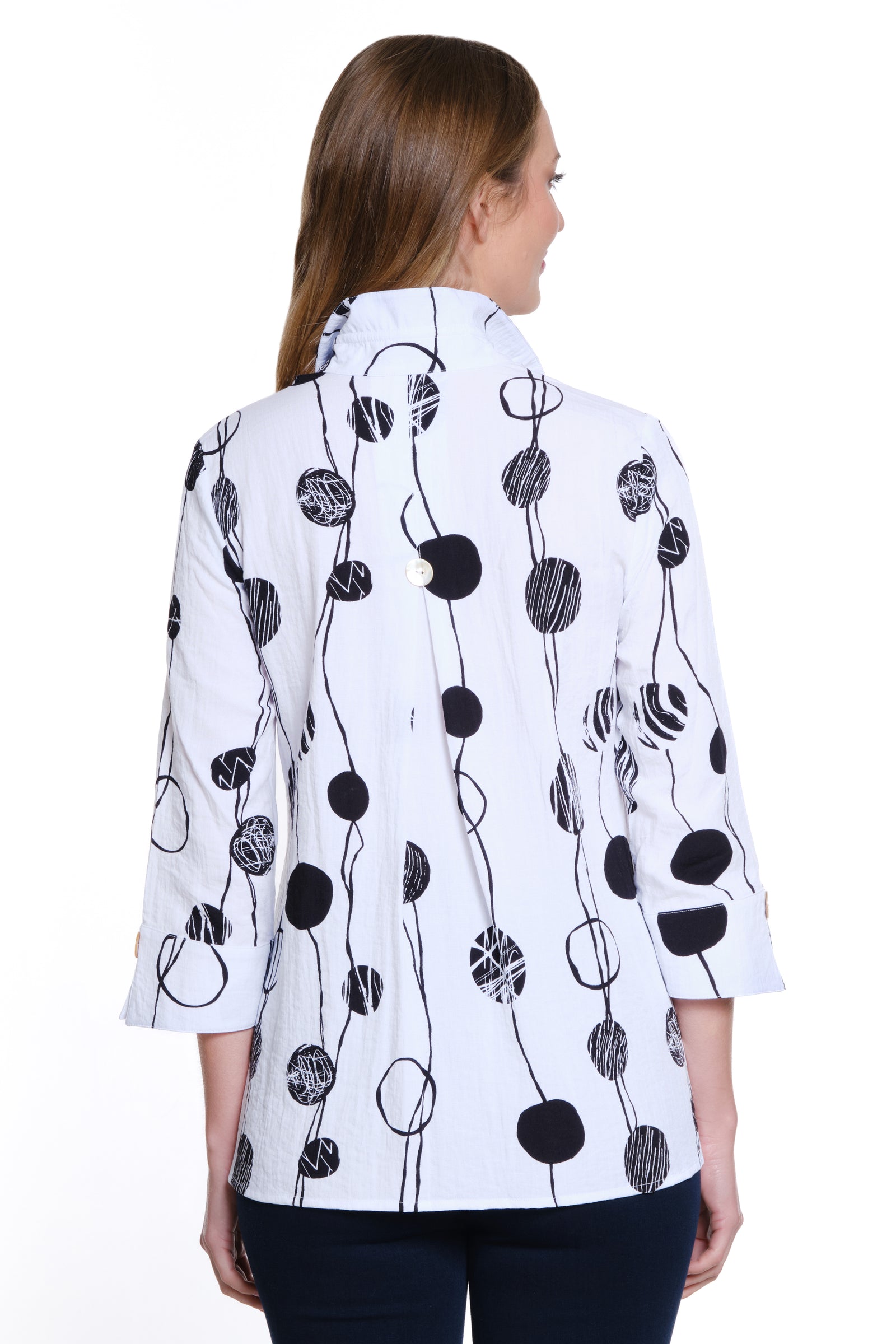 Printed Woven Crinkle Button Front Tunic - Black/White Print