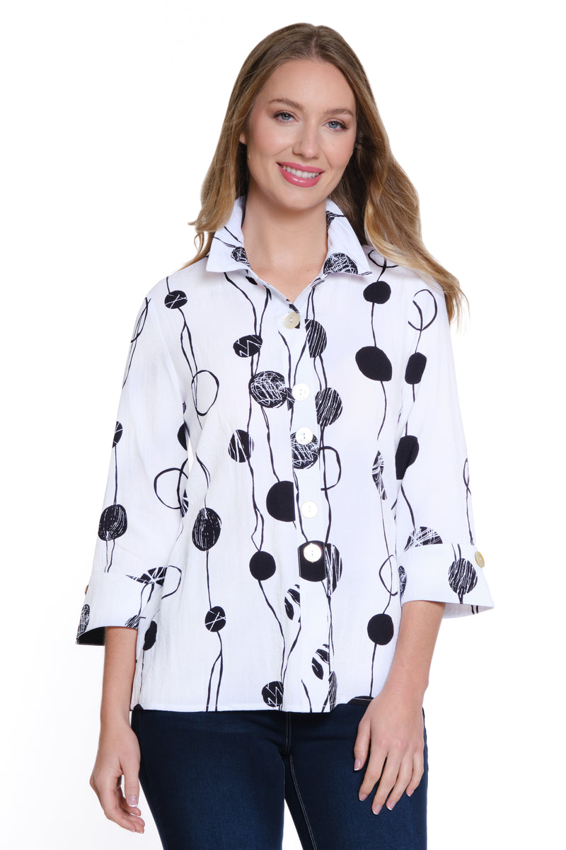 Printed Woven Crinkle Button Front Tunic - Petite - Black/White Print