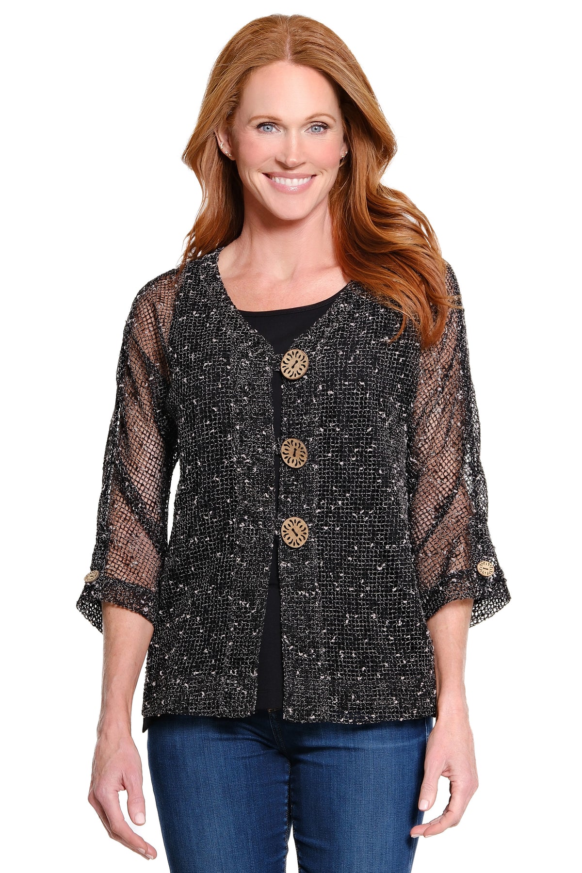 Woven Mesh Button Front Jacket - Black